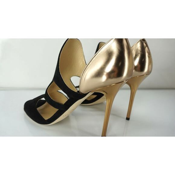 Jimmy Choo Tarine Black Suede Gold Leather Open Toe Cut Out Sandals SZ 38.5 $895 - Picture 9 of 10